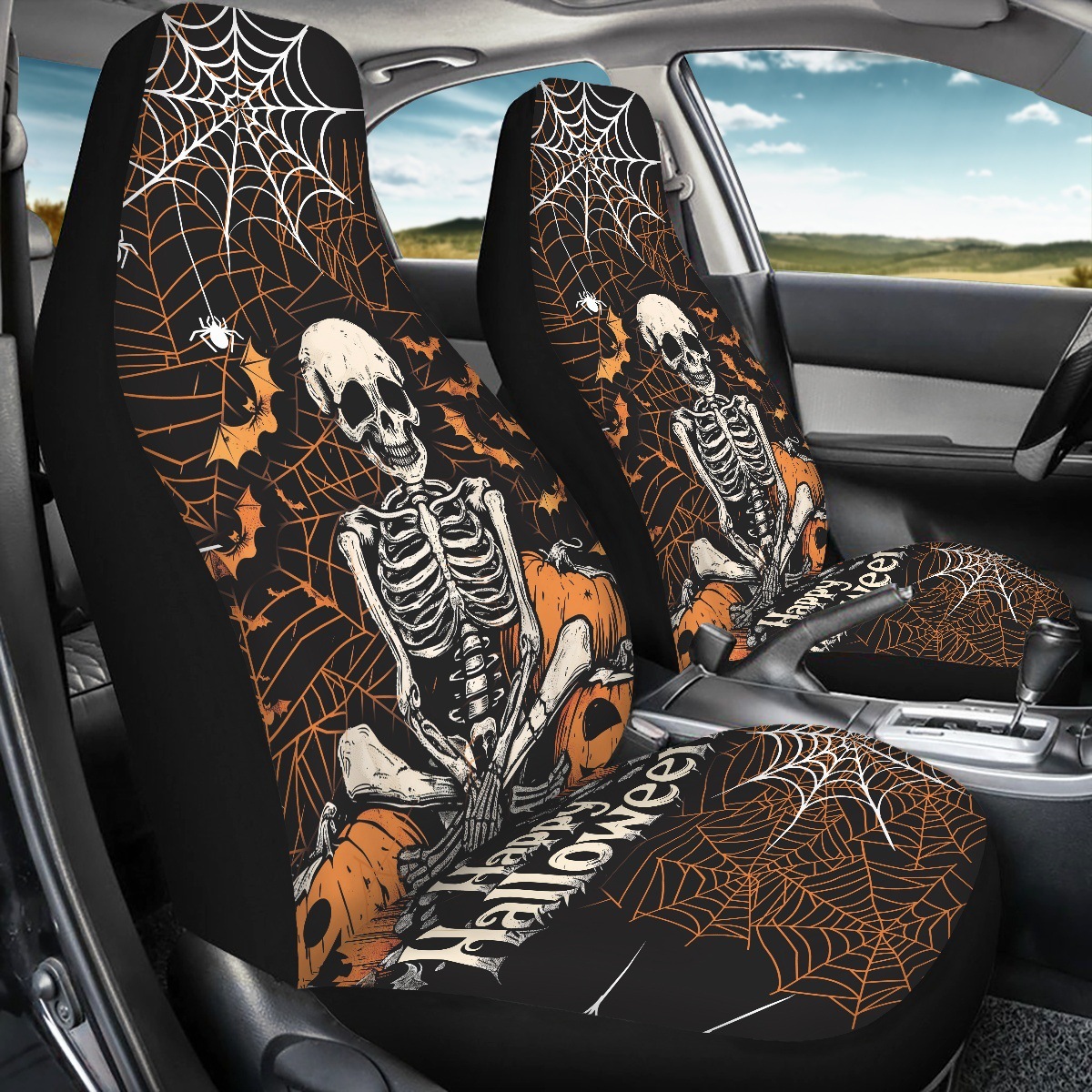 Cross-border Halloween-themed printed seat covers, featuring ghost and pumpkin designs, available for custom orders. Includes a set of two car seat protectors
