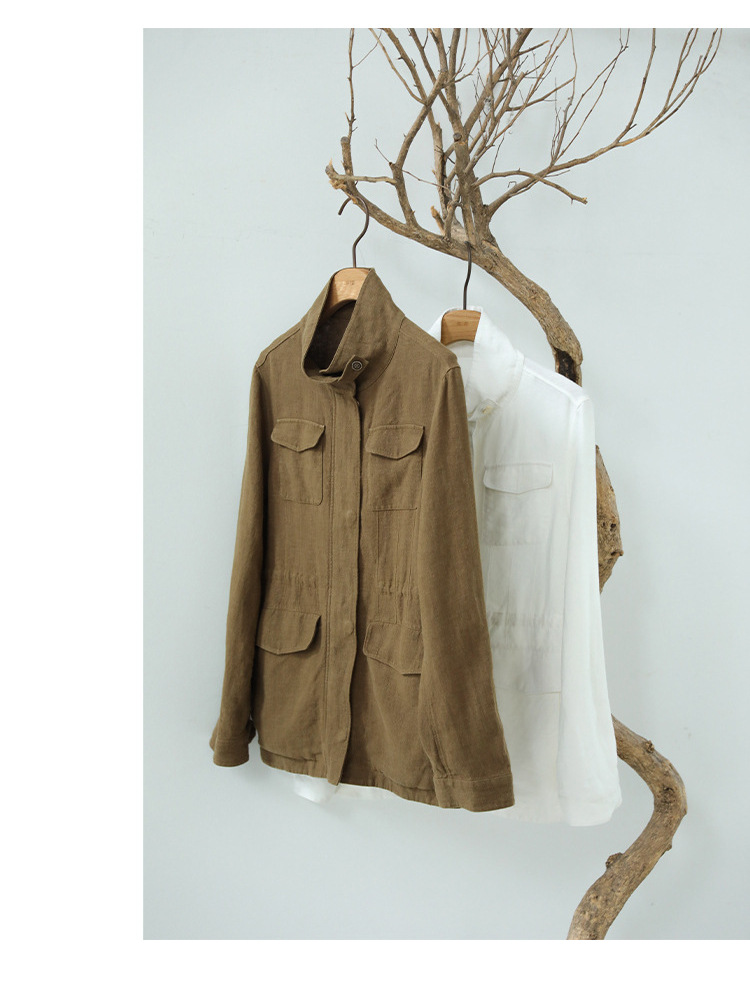 2025 New Autum Style 9-Count 100% Linen Literary Casual Slim Stand-Up Collar Suit Cardigan Jacket