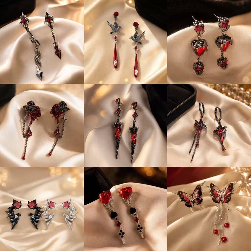 Cross-border retro punk dark gothic style earrings, red sweet and cool hot girl tassel earrings, Halloween series earrings