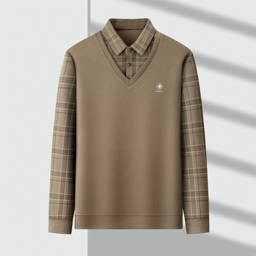 Men's 2024 Spring and Autumn Long-Sleeve Glued T-Shirt, Pseudo Two-Piece Casual Grid Base Shirt with Stripes, Mid-Age Top