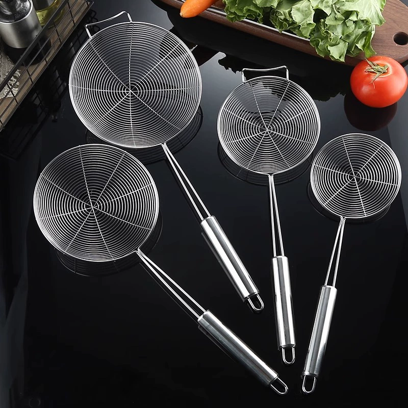 Бытовой горшок из нержавеющей стали с круглой ручкой, дуршлаг, кухонная ложка для лапши, сетчатое сито из нержавеющей стали, фильтр для жарки, ложка для пельменей