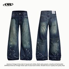 OREETA 美式复古泼墨弯刀牛仔裤男女同款水洗做旧vintage拖地长裤