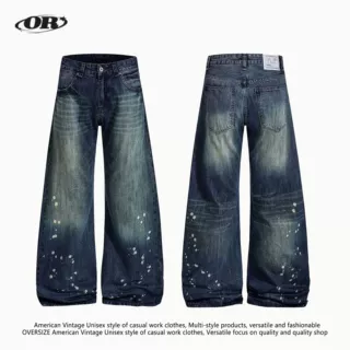 OREETA 美式复古泼墨弯刀牛仔裤男女同款水洗做旧vintage拖地长裤