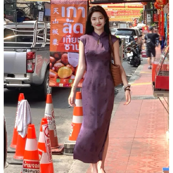 ハイビスカス'パープルサテン改良チャイナドレス女性の2025春夏美しいスリムフィット新しい中国風の蝶ウエストドレス|undefined