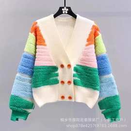 秋冬新款 宽松拼色开衫双排扣女士上衣慵懒风 毛衣针织绵羊绒外套