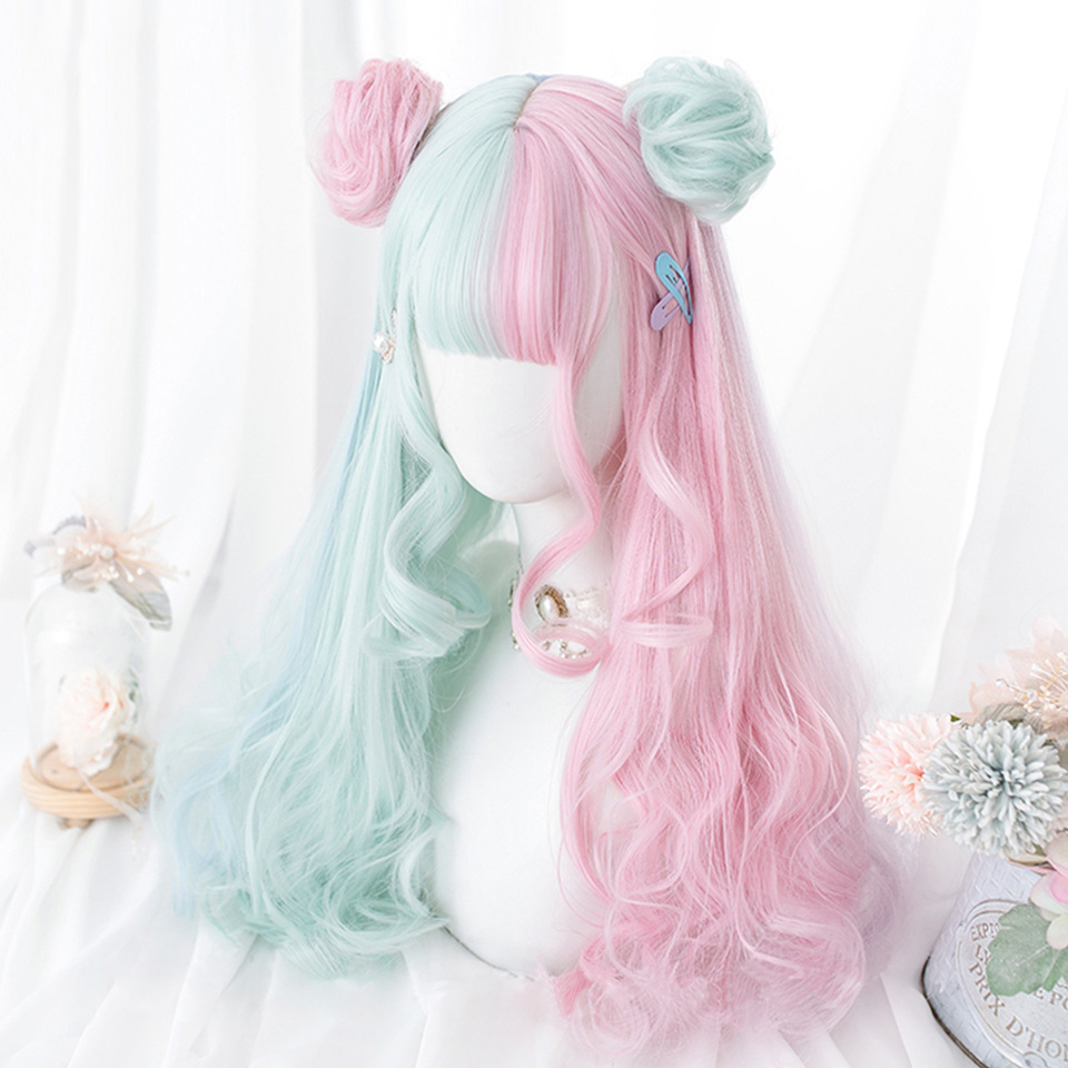 Perruque synthétique douce fille femme colorée pleine frange cosplay Lolita cheveux longs bouclés_voghion.com