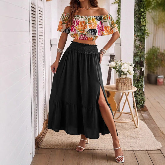Amazon Independent Station Europe and the United States Cross-border Foreign Trade High Split Ruffled Waist Skirt Long Skirt