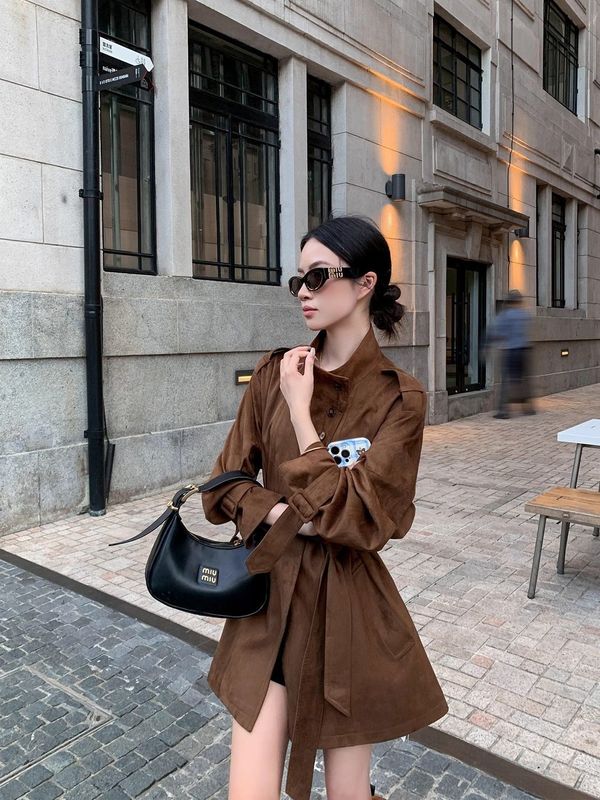 复古美拉德立领麂皮中长款风衣女2025秋新款修身显瘦气质时尚外套|undefined