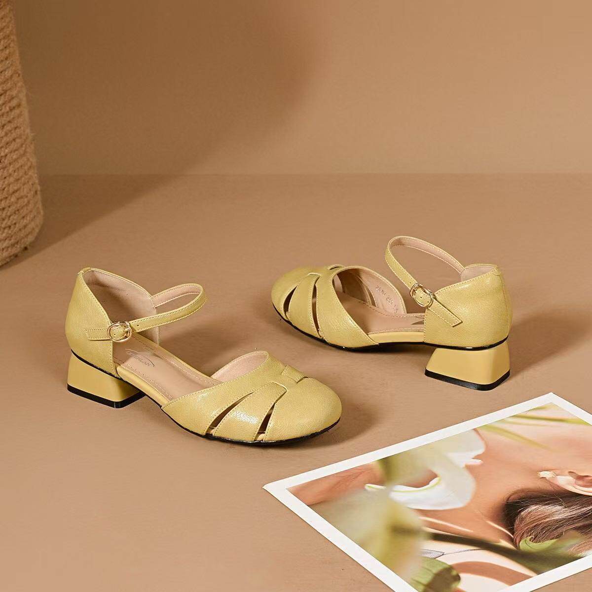 Sandal nữ da thật mũi kín gót thấp đế mềm phong cách cơ bản — màu đen chi tiết 8