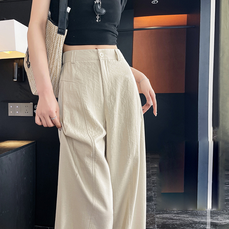 预售麻弯刀裤女夏季薄款2025新款宽松垂感藏青色直筒西装阔腿裤|undefined