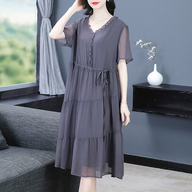 2024 весна и лето новые живые всплески свободная мягкая Oeger пряжа с короткими рукавами платье для мамы среднего и пожилого возраста