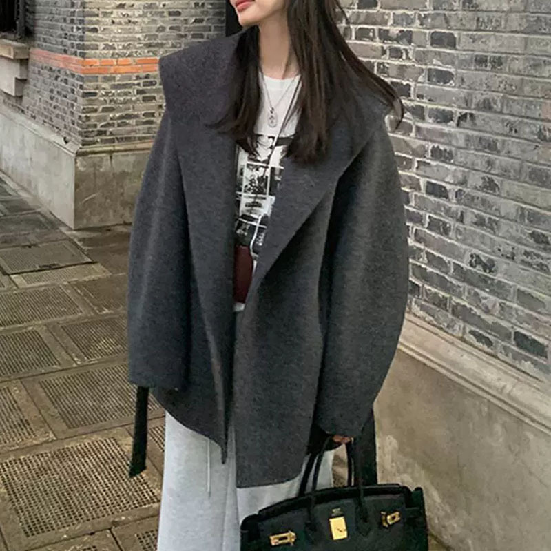 港风双面呢深花灰大衣女冬季小个子短款呢子宽松百搭连帽毛呢外套|undefined