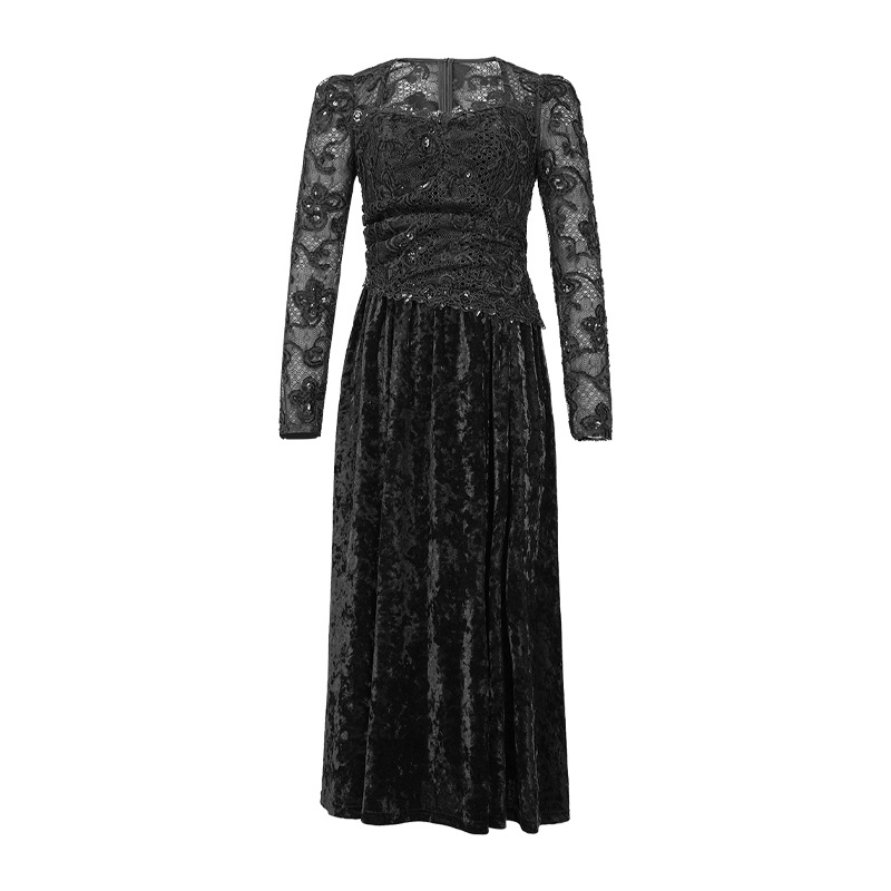 Đầm maxi nữ cổ vuông nhung thêu tay bồng thắt eo — đen