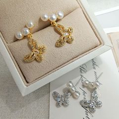 银针锆石蝴蝶珍珠耳钉精致轻奢高级感耳环小众时尚白百搭耳饰批发