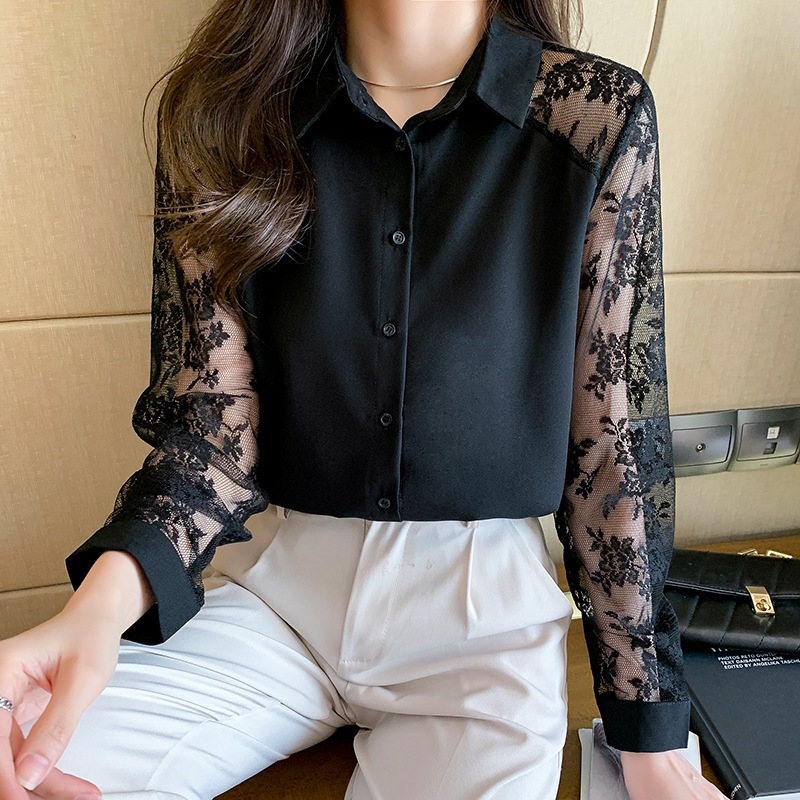 Real Shot of High-Quality In-Stock Items: Stylish 2026 Spring New Lapel Lace Patchwork Chiffon Blouse, Top, Professional Shirt
