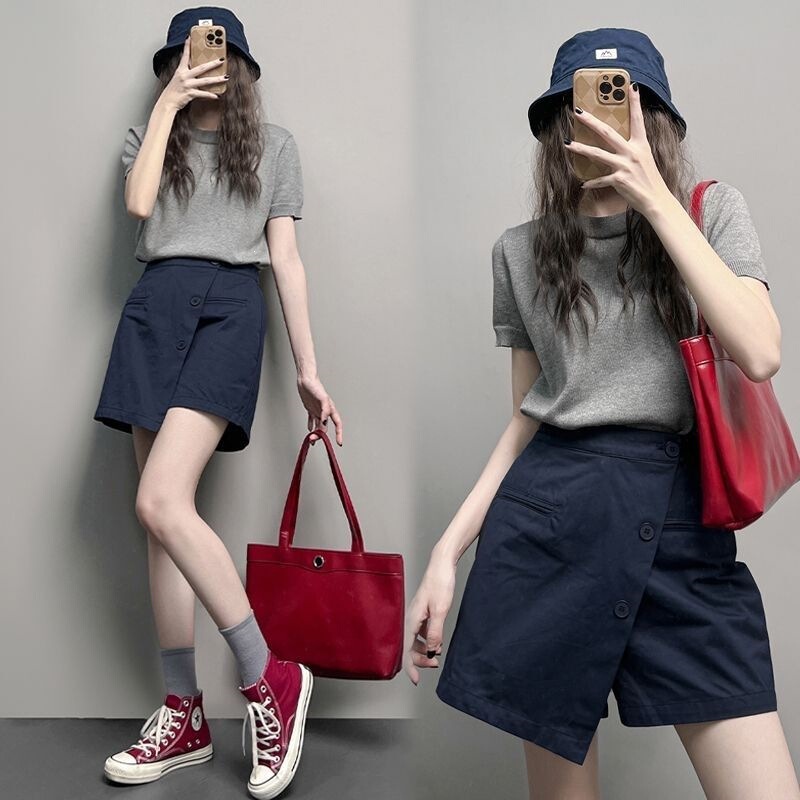 Dark Blue High-Waisted Skirt Pants for Women, 2026 Summer New Style, Niche Irregular Loose Wide-Leg Shorts for Plus-Size Women, Linen Dark Blue High-Waisted Skirt Pants for Women, 2026 Summer New Style, Niche Irregular Loose Wide-Leg Shorts for Plus-Size Women, Linen