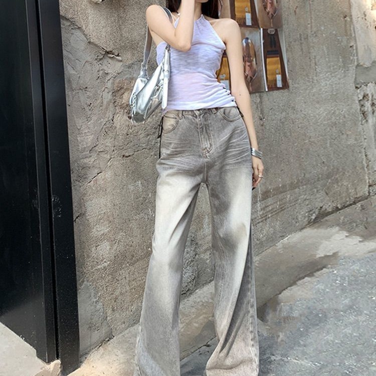 摩卡灰色高腰宽松垂感牛仔裤女2025年秋季新款百搭波纹灰阔腿长裤|undefined
