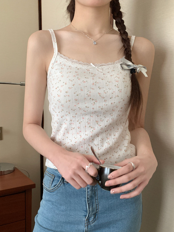 レース花柄スモールキャミソール胸パッド付き女性の夏の新しいセクシーな純粋な欲望スタイルショートインナートップ|undefined