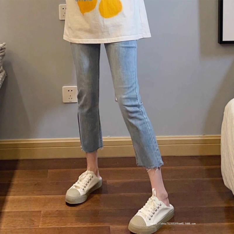 Raw Hem Straight-Leg Jeans for Women 2026 Spring and Autumn Fleece-Lined High-Waisted Slim-Fit Cropped Pants for Petite Figures Stretchy Cigarette Pants