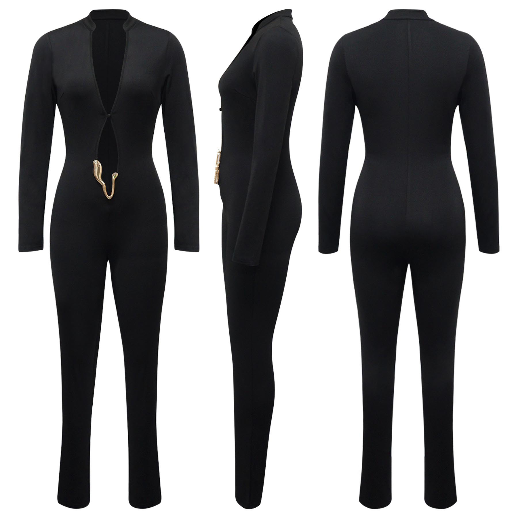 Sexy Deep V Long Sleeve Jumpsuit Solid Color Tight Fit_voghion.com