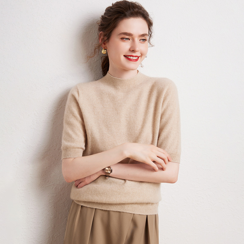 First-Line Ready-To-Wear 100% Pure Cashmere Sweater Women's Half Turtleneck Short-Sleeved Knitted Bottoming Sweater Short Pullover Warm Sweater