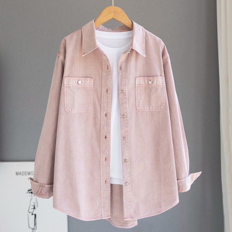 Export Foreign Trade High-end Cotton Pink Denim Shirt Women's British Style Workwear Pocket Loose Top Jacket Niche