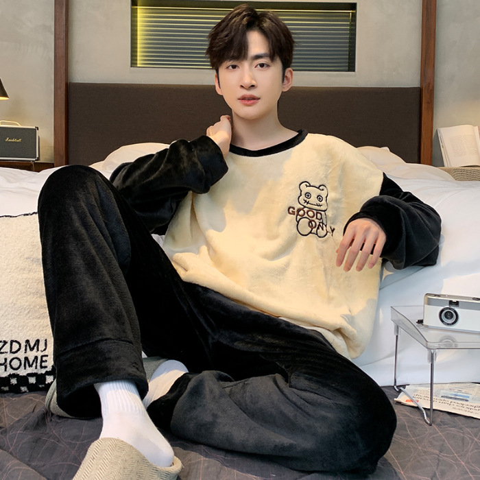 2024 pijamas de franela para hombre de invierno, terciopelo de coral grueso más grasa, se puede usar al aire libre, traje de servicio a domicilio, comercio exterior