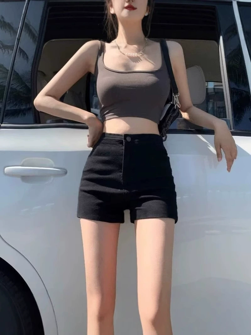 Retro black denim skirt, shorts, fitted summer trousers, high waist, tight, A-line