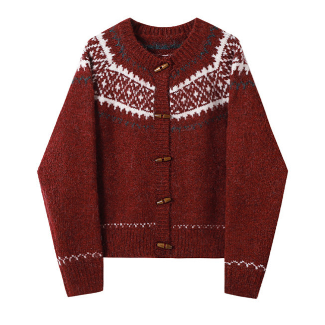 Fair Isle Sweater Christmas Retro Autumn and Winter Soft Loose Slimming Toggle Versatile Knit Cardigan Thick Coat