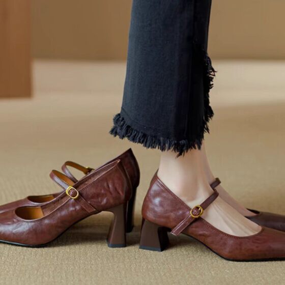 Soft Sheepskin Black High Heels 2025 Spring and Autumn New French Style Retro Chunky Heel Belt Mary Jane Shoes Women's Shoes
