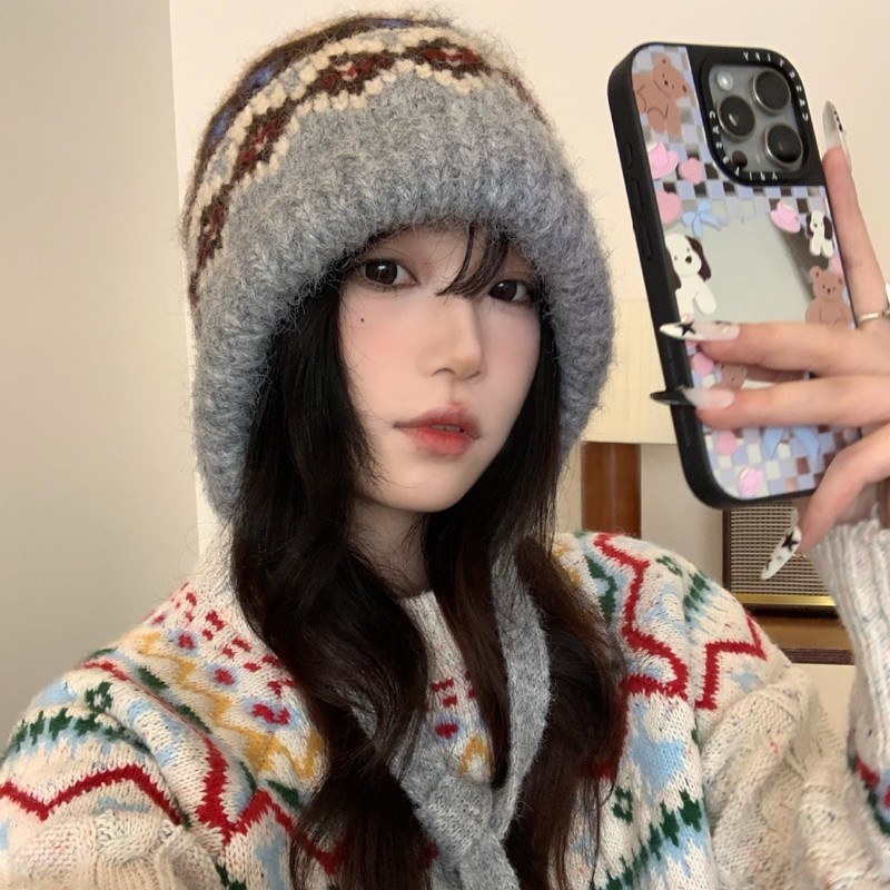 秋冬保暖费尔岛风毛线帽子女复古提花针织帽百搭显脸小护耳雷锋帽|undefined