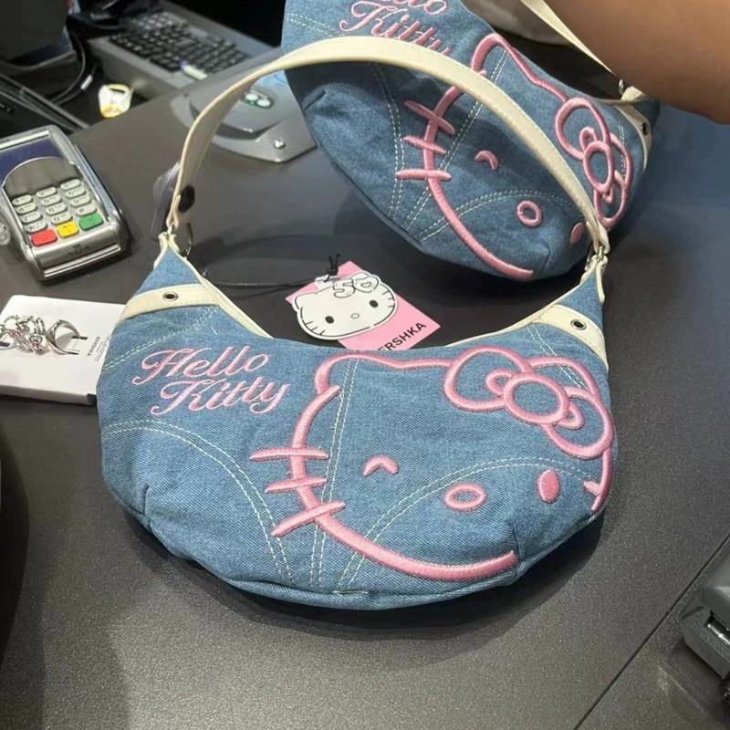 Hello Kitty, джиновая подмышечная сумка, зимняя сумка через плечо, с вышивкой