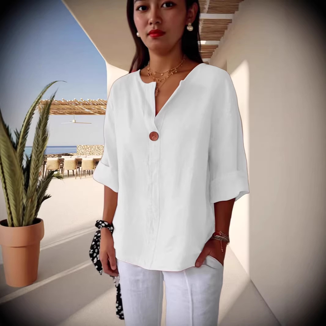 Women's Loose Fit V Neck 7/8 Sleeve Cotton Button Front Tunic Top – Casual Summer Blouse 2026_ecoleips.com