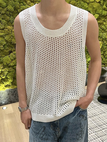 Lace-front open-back vest with sleeveless crewneck design, men's niche fashion, casual summer new knit short-sleeve top
