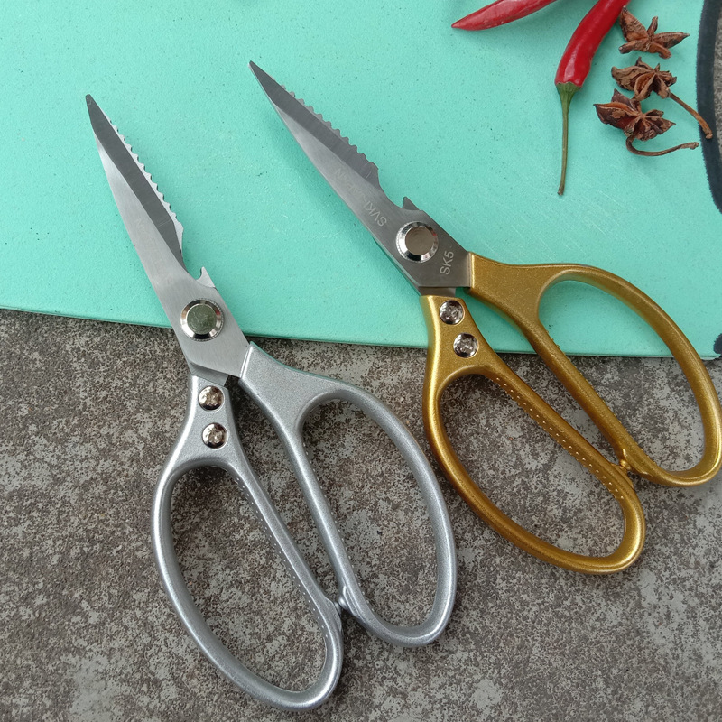 Suministro directo de fábrica de acero inoxidable tijeras de cocina sk5 mango de aleación de aluminio fuerte tijeras de hueso de pollo tijeras domésticas multifuncionales