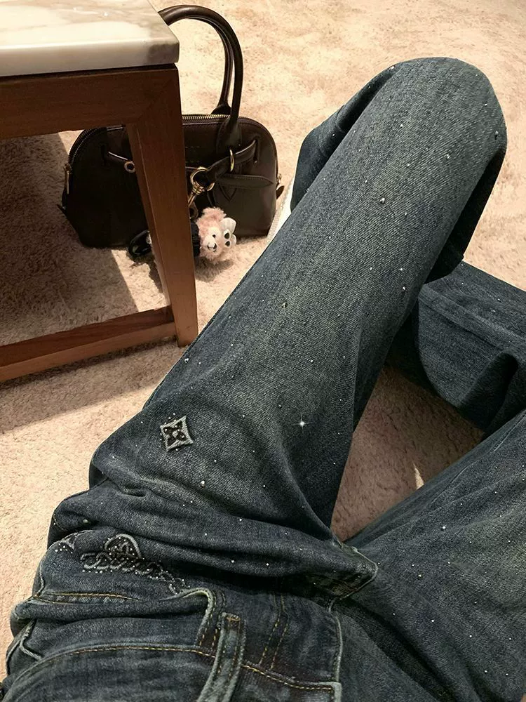 Европейский дизайн чувствует пресбиобиорию горячее бриллиантовое джинсы с высокой талией женские осенние и зимние свободные широкие брюки маленькие брюки