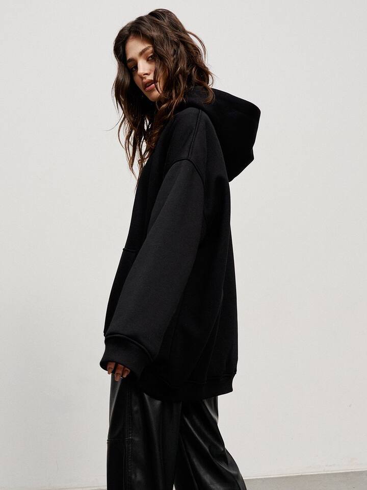 Áo hoodie nỉ lông dáng rộng có mũ và túi, tay dài, dáng unisex — Màu cà phê, Màu hồng, Màu xám, Màu đen chi tiết 61