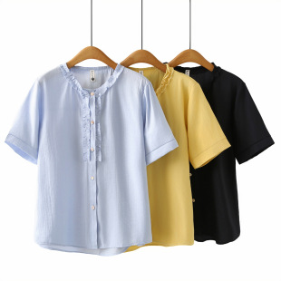 Plus Size Women's Lace Collar Shirt Thin Short-Sleeved Cardigan 2025 Summer Wrinkled Fat mm Shirt 857