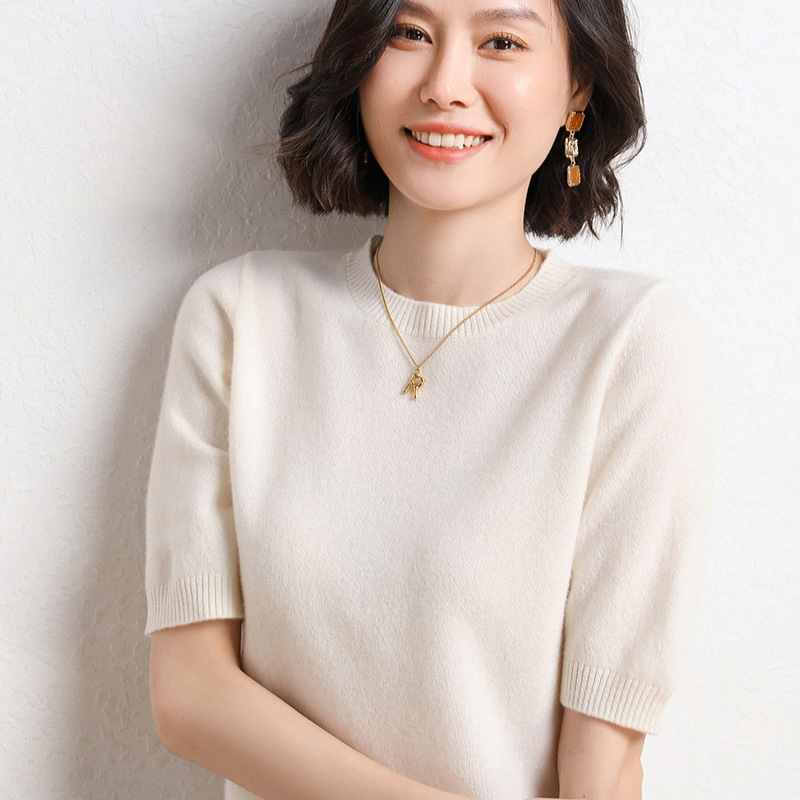 2025年春夏新作ニット半袖女性丸襟ボトムニットプルオーバー半袖セーターゆるいボトムセーター|undefined