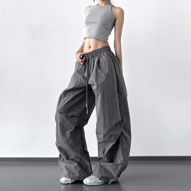 Solid Color Drawstring Wide-Leg Casual Pants for Women Spring and Summer 2025 New Elastic High-Waist Loose Floor-Length Cargo Pants