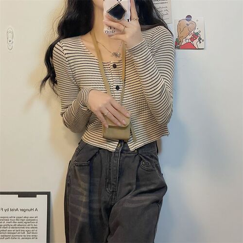 Knit sweater for autumn and winter, women's small Chanel-style striped gentle wear, design sense, niche versatile, slimming open sweater