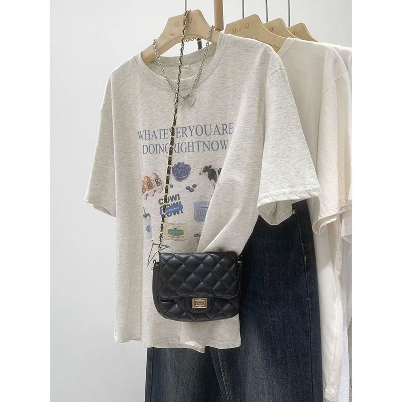 スーパーフィールモーダルシンプル韓国風新漫画プリント Tシャツレディース 2024 夏ルーズ半袖トップトレンディ|undefined
