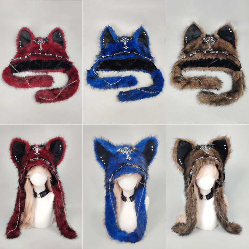 Cappello con orecchie da gatto, stile subculturale, punk, rock, autunno e inverno, cappello termico, stile gotico, invernale, in peluche_voghion.com