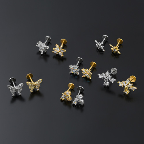 European and American fashionable stainless steel thin rod lip nails for women micro-inlaid zircon small animal flat bottom ear bone nails simple piercing jewelry