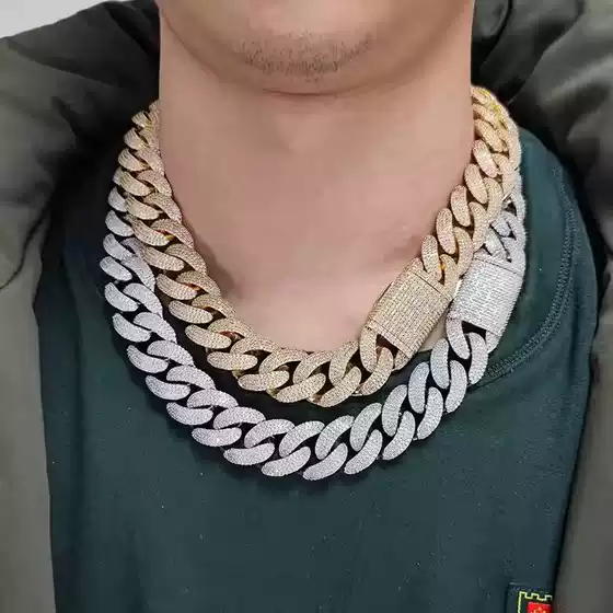 European and American Hip-Hop 20mm Flip Buckle Three-Row Zircon Bubble Cuban Chain Thick Men's Bracelet Necklace Jewelry