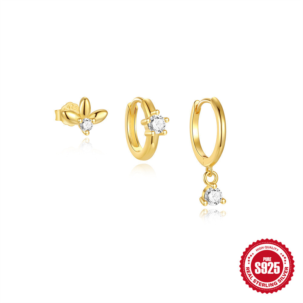 Pendientes de estrella de cuatro puntas de mariposa transfronteriza de plata de ley S925, diseño de alta gama europeo y americano, pendientes simples y versátiles