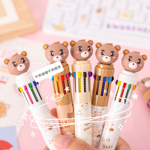 Bear 10-color ball-point pen cartoon push-type multi-color pen student writing notebook ten-color push ball-point pen