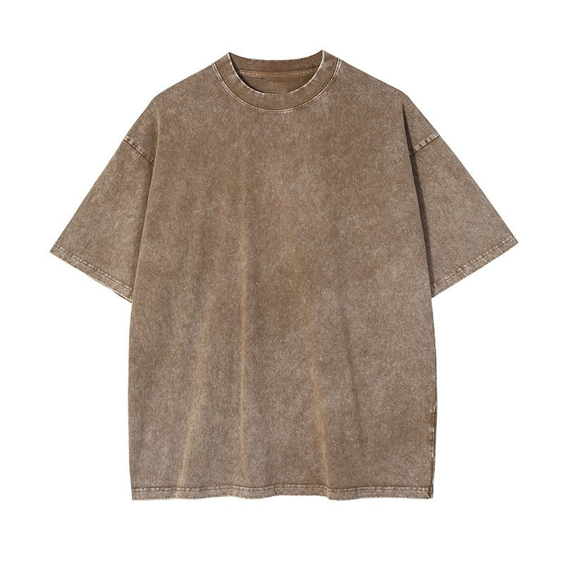Camiseta de marca de moda vieja negra lavada verano 220g algodón peinado cuello trasero suelta básica cuello redondo camiseta de la calle principal
