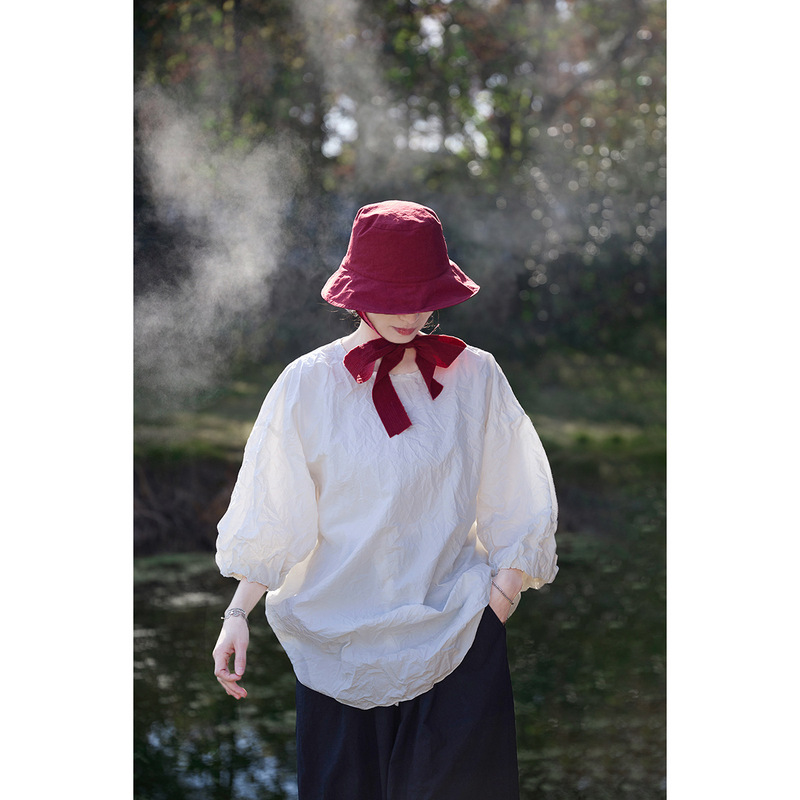 Cool [Miscellaneous Thoughts] Summer White Imported Sun-Dried Cotton and Linen Round Neck High-End Wrinkled Shirt 8489-1B