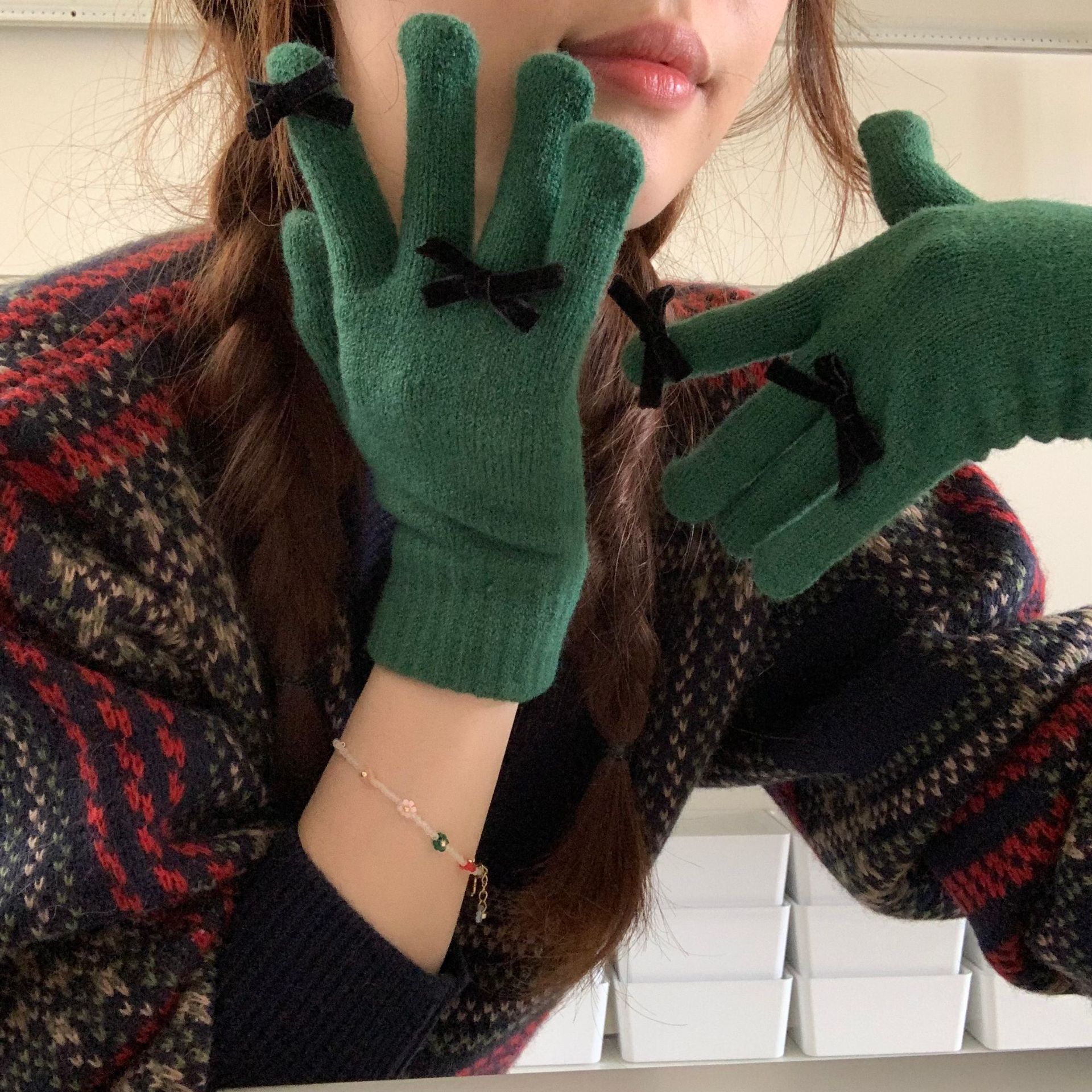 Chao lindo ~ Nuevo chic Otoño e Invierno lana de punto arco pantalla táctil a prueba de frío guantes de fuga de dedo caliente